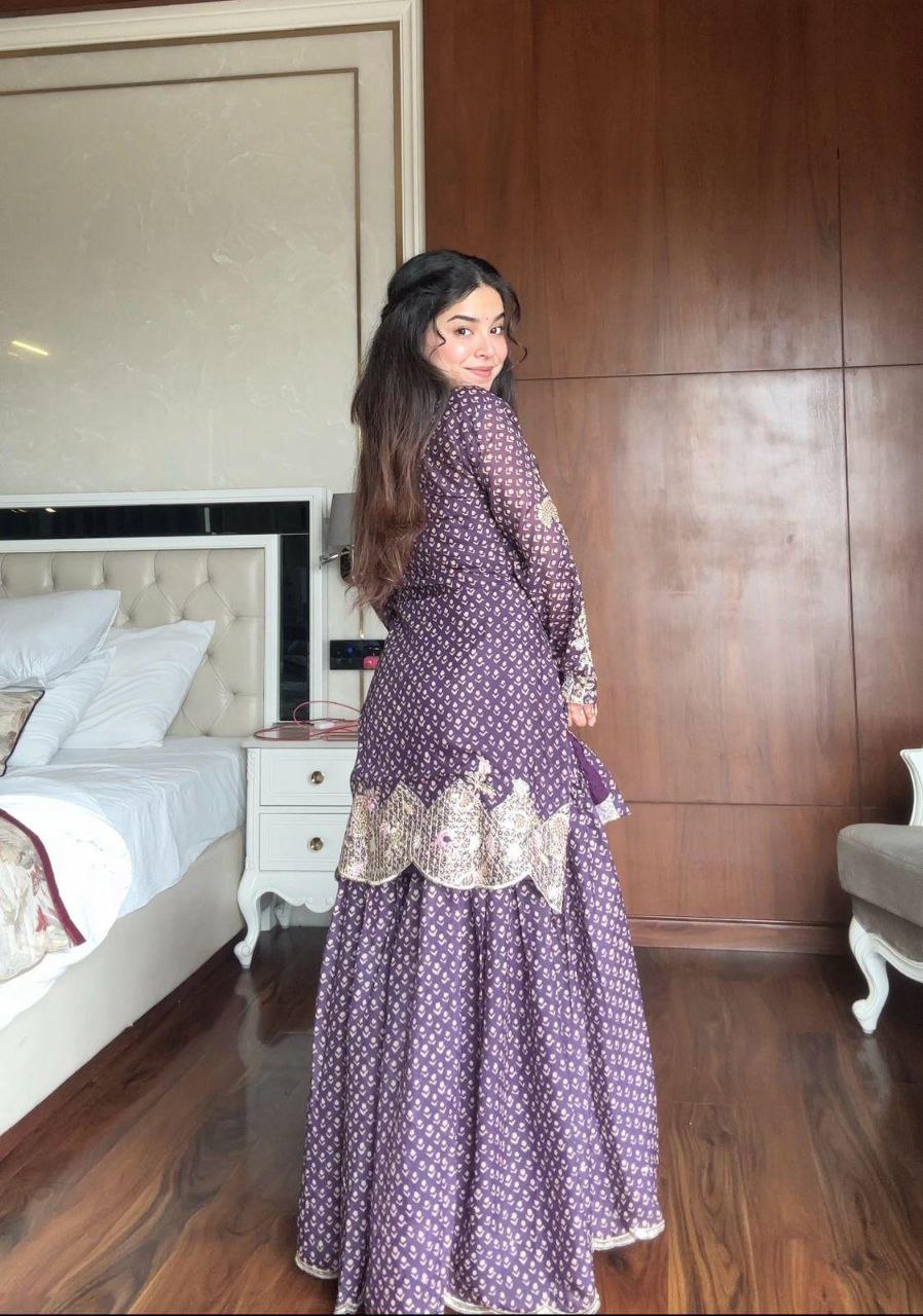 Printed Chinon Embroidered Kurti with Sharara & Dupatta Set