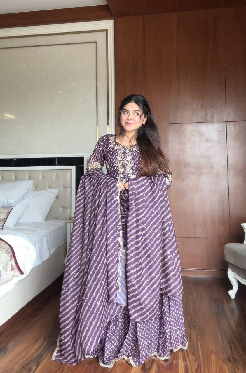 Printed Chinon Embroidered Kurti with Sharara & Dupatta Set