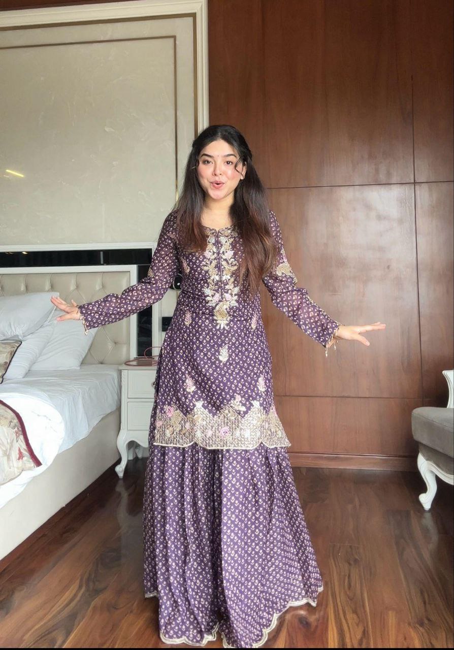 Printed Chinon Embroidered Kurti with Sharara & Dupatta Set