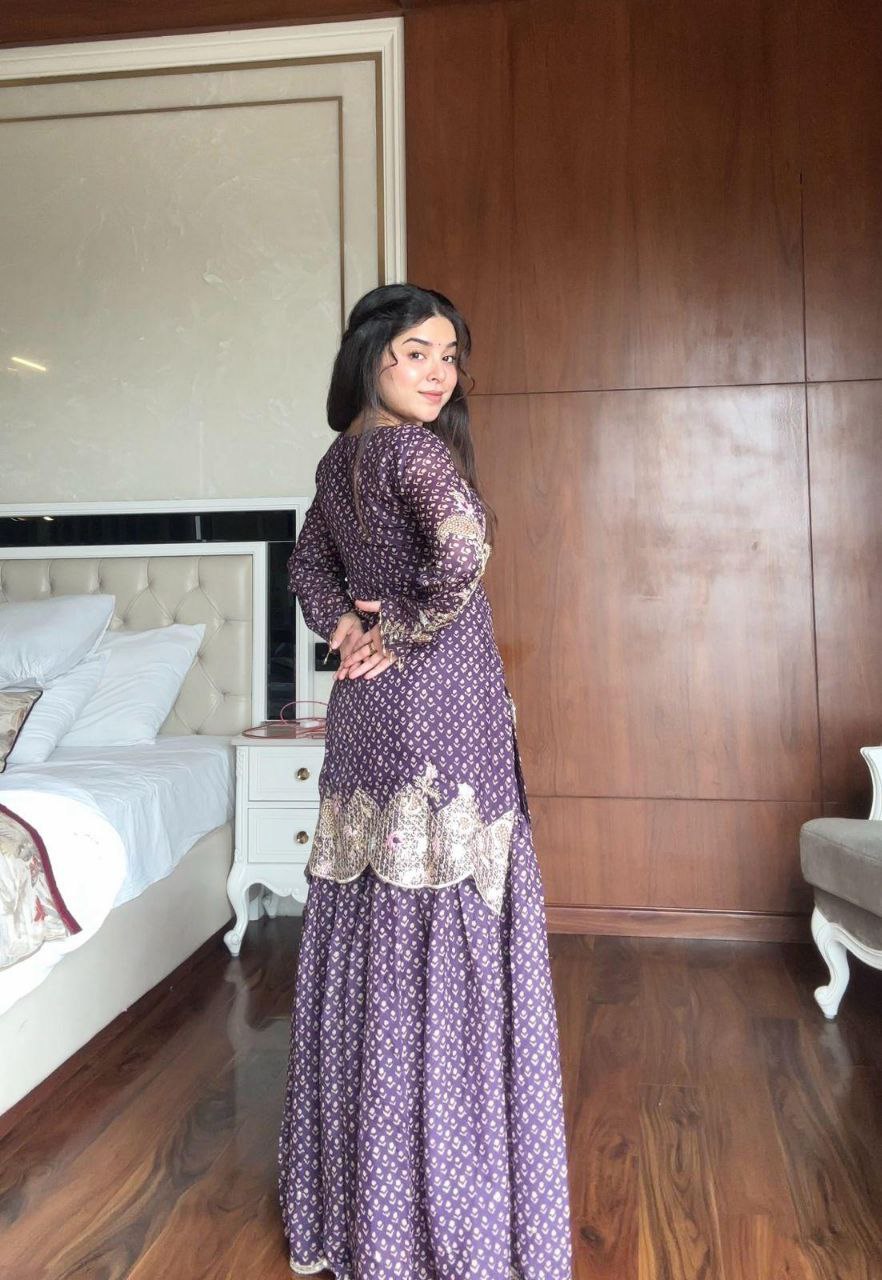 Printed Chinon Embroidered Kurti with Sharara & Dupatta Set