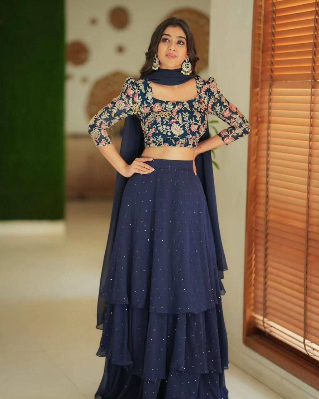 Sequin Embroidered Georgette Layered Lehenga Set