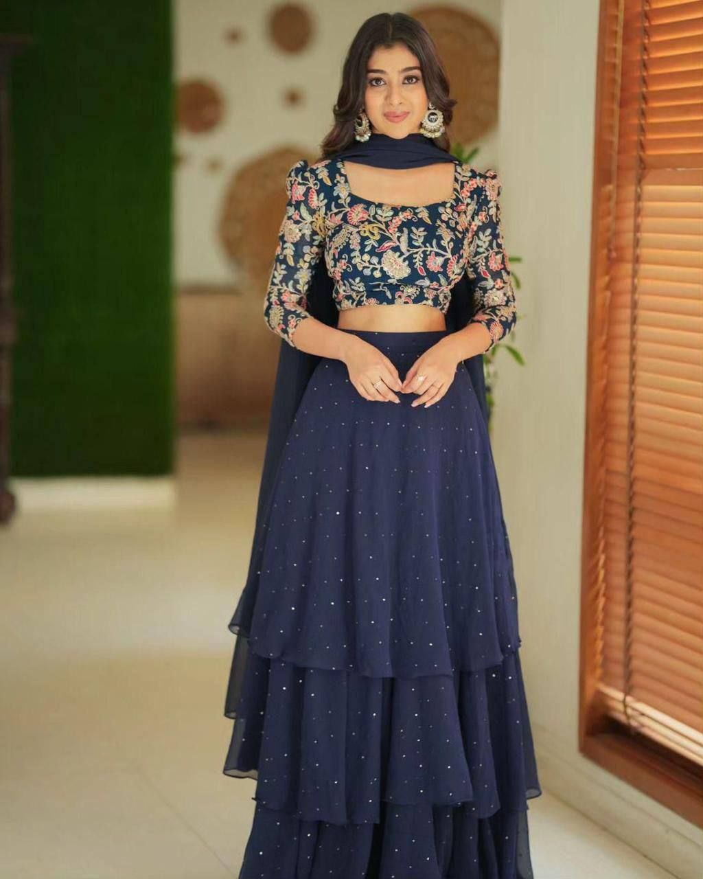 Sequin Embroidered Georgette Layered Lehenga Set