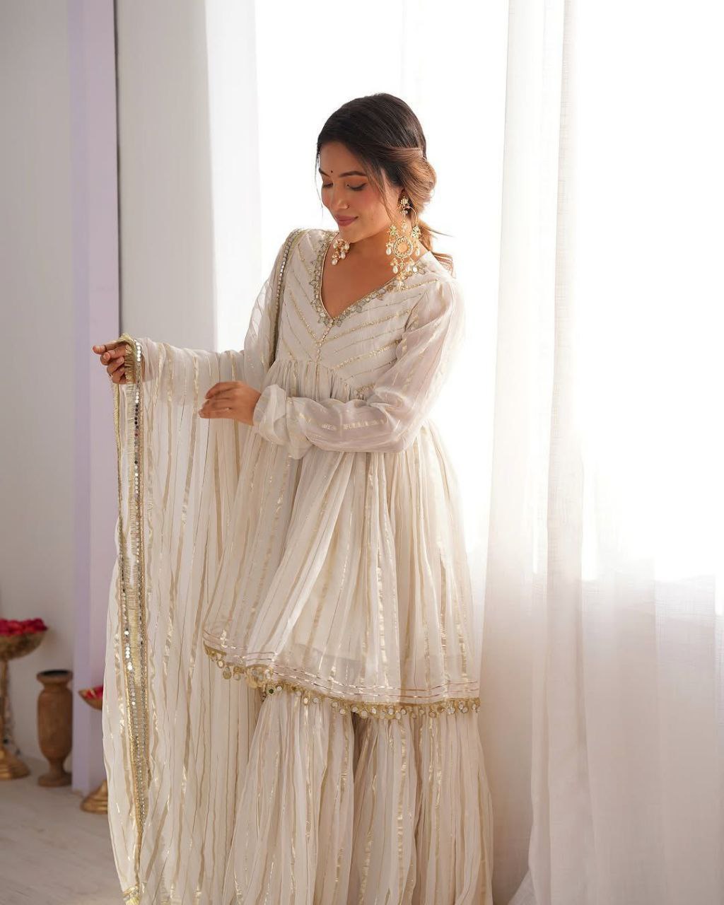 Premium Mal Chanderi Sharara Suit with Real Mirror Handwork & Dupatta