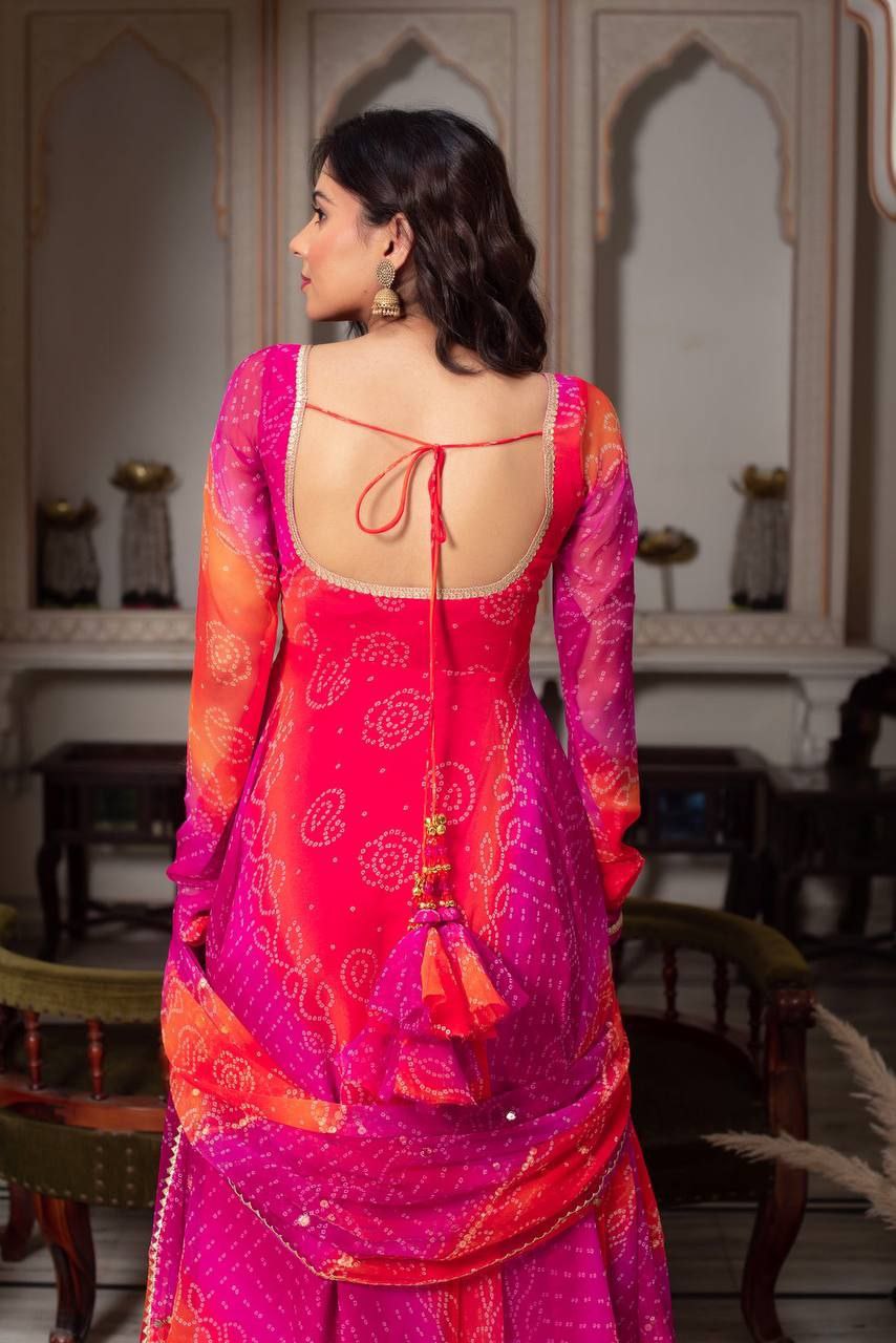 Premium Bandhej Digital Print Anarkali Gown Set with Dupatta & Bottom
