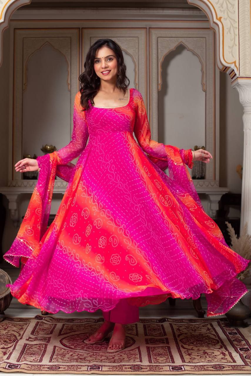 Premium Bandhej Digital Print Anarkali Gown Set with Dupatta & Bottom