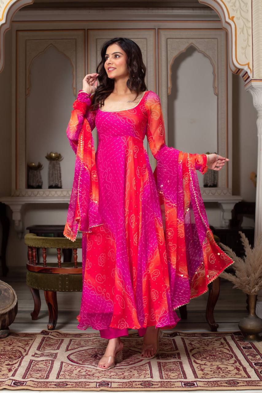 Premium Bandhej Digital Print Anarkali Gown Set with Dupatta & Bottom