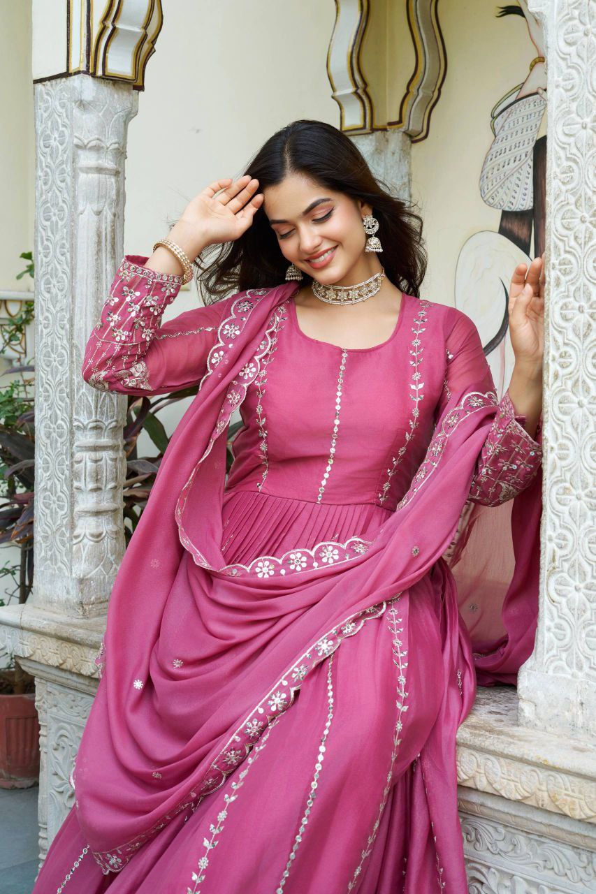 Star Georgette Party Wear Gown with Heavy 7mm Sequence Embroidery & Dupatta