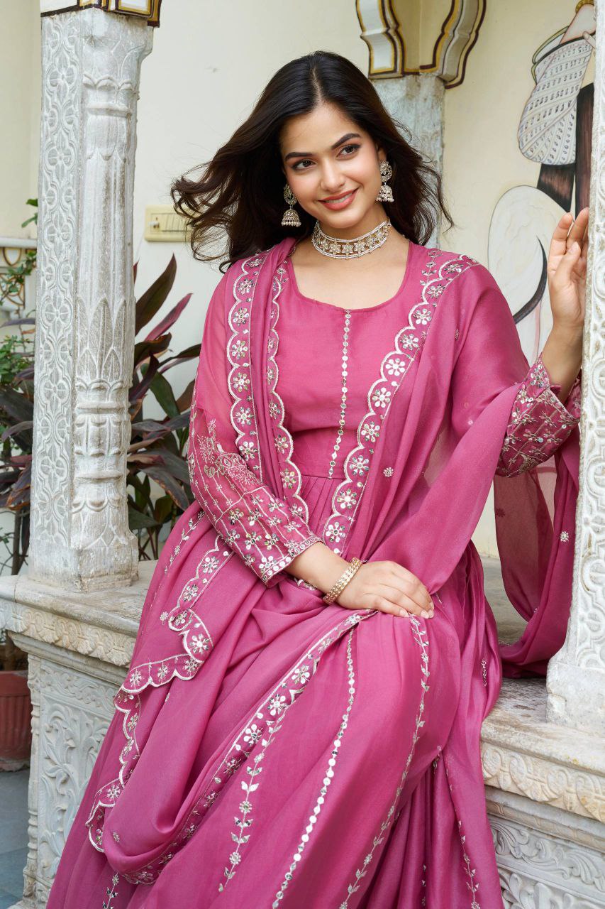 Star Georgette Party Wear Gown with Heavy 7mm Sequence Embroidery & Dupatta