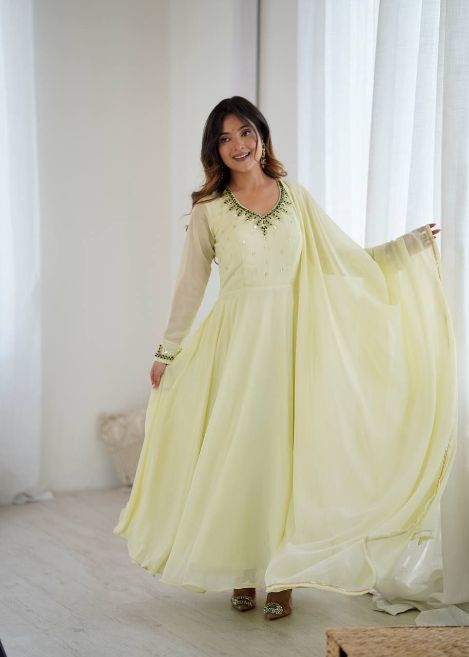 Premium Fox Georgette Party Wear Gown with Dupatta & Pant