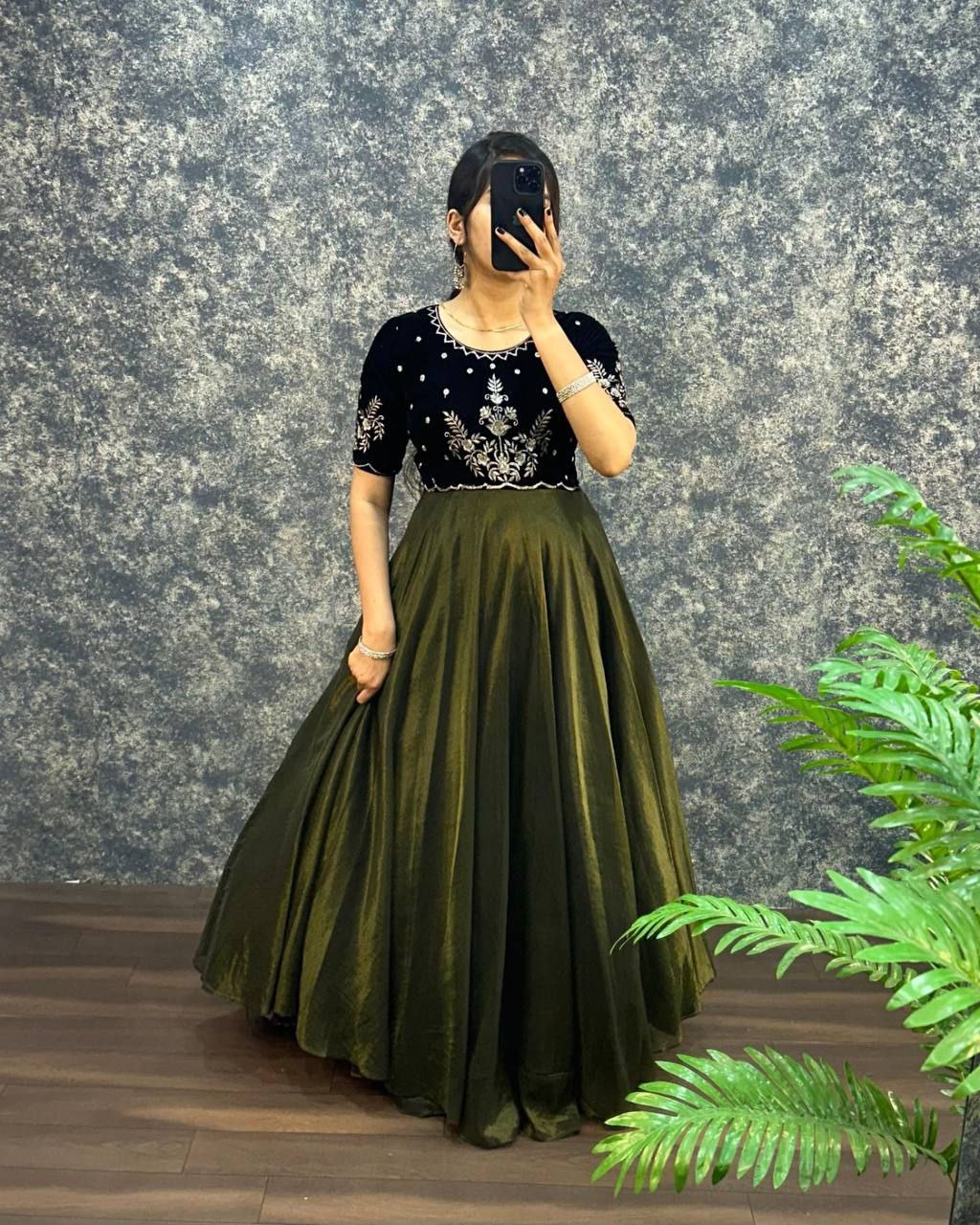 Velvet Embroidered Gown with Dupatta | Party Wear