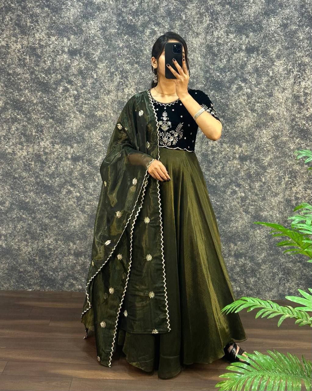 Velvet Embroidered Gown with Dupatta | Party Wear