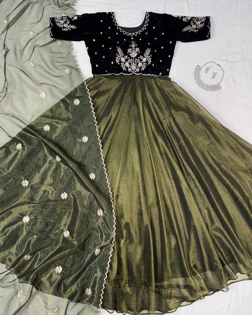 Velvet Embroidered Gown with Dupatta | Party Wear