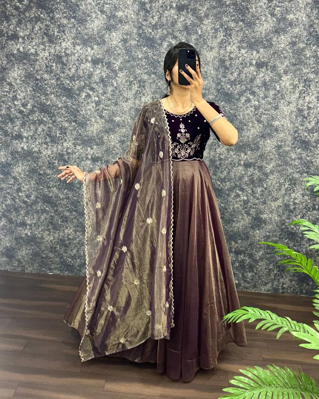 Velvet Embroidered Gown with Dupatta | Party Wear