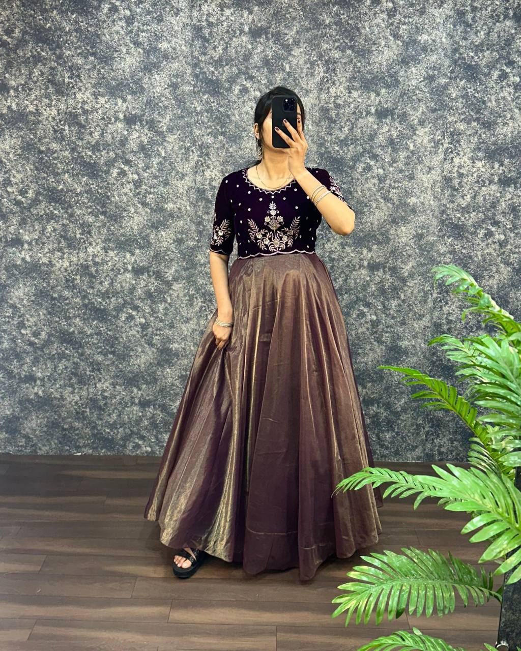 Velvet Embroidered Gown with Dupatta | Party Wear