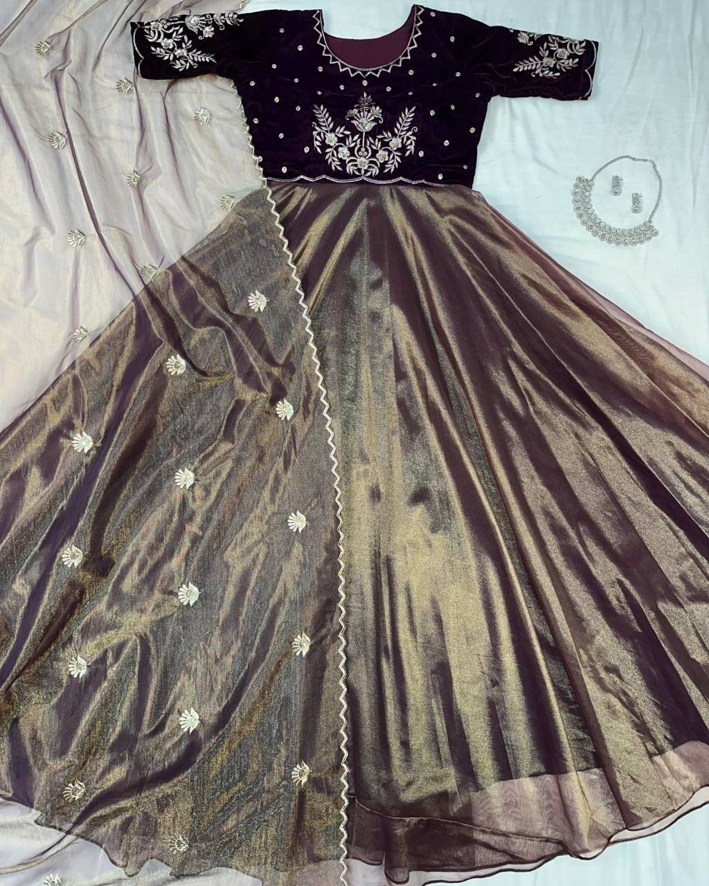 Velvet Embroidered Gown with Dupatta | Party Wear