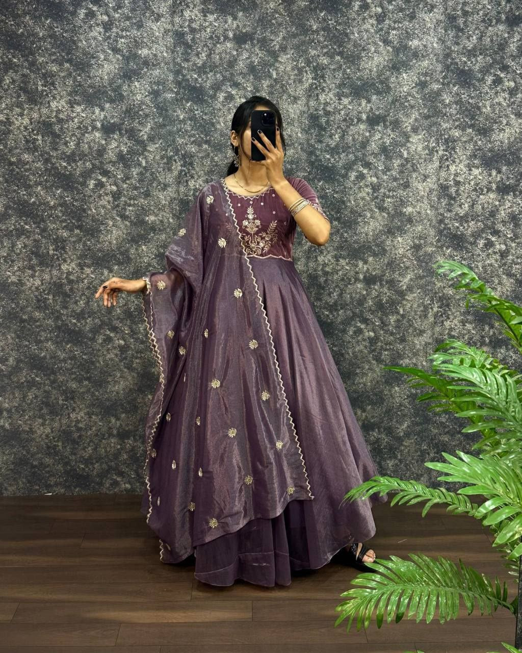 Velvet Embroidered Gown with Dupatta | Party Wear