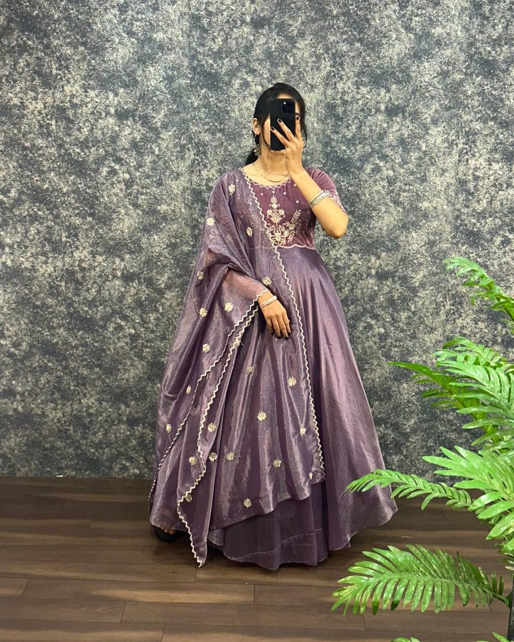 Velvet Embroidered Gown with Dupatta | Party Wear
