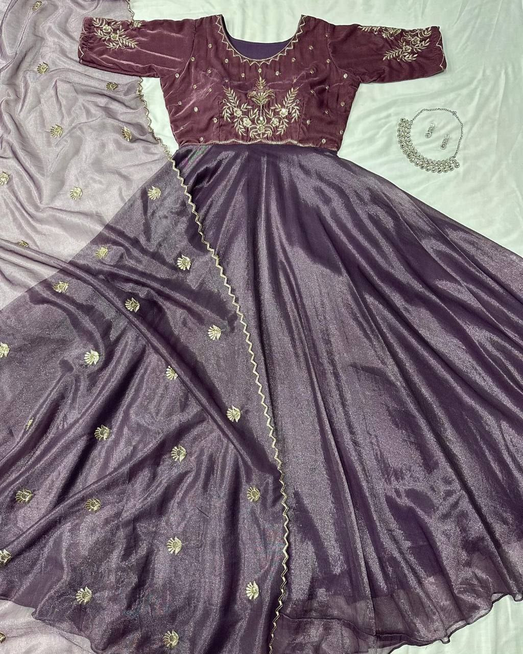 Velvet Embroidered Gown with Dupatta | Party Wear