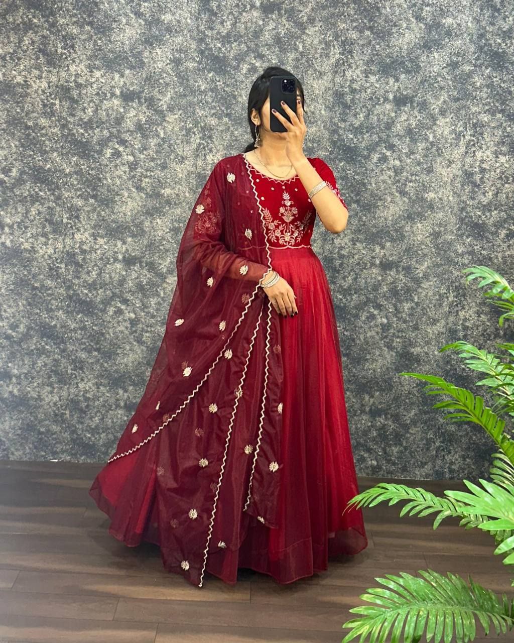 Velvet Embroidered Gown with Dupatta | Party Wear