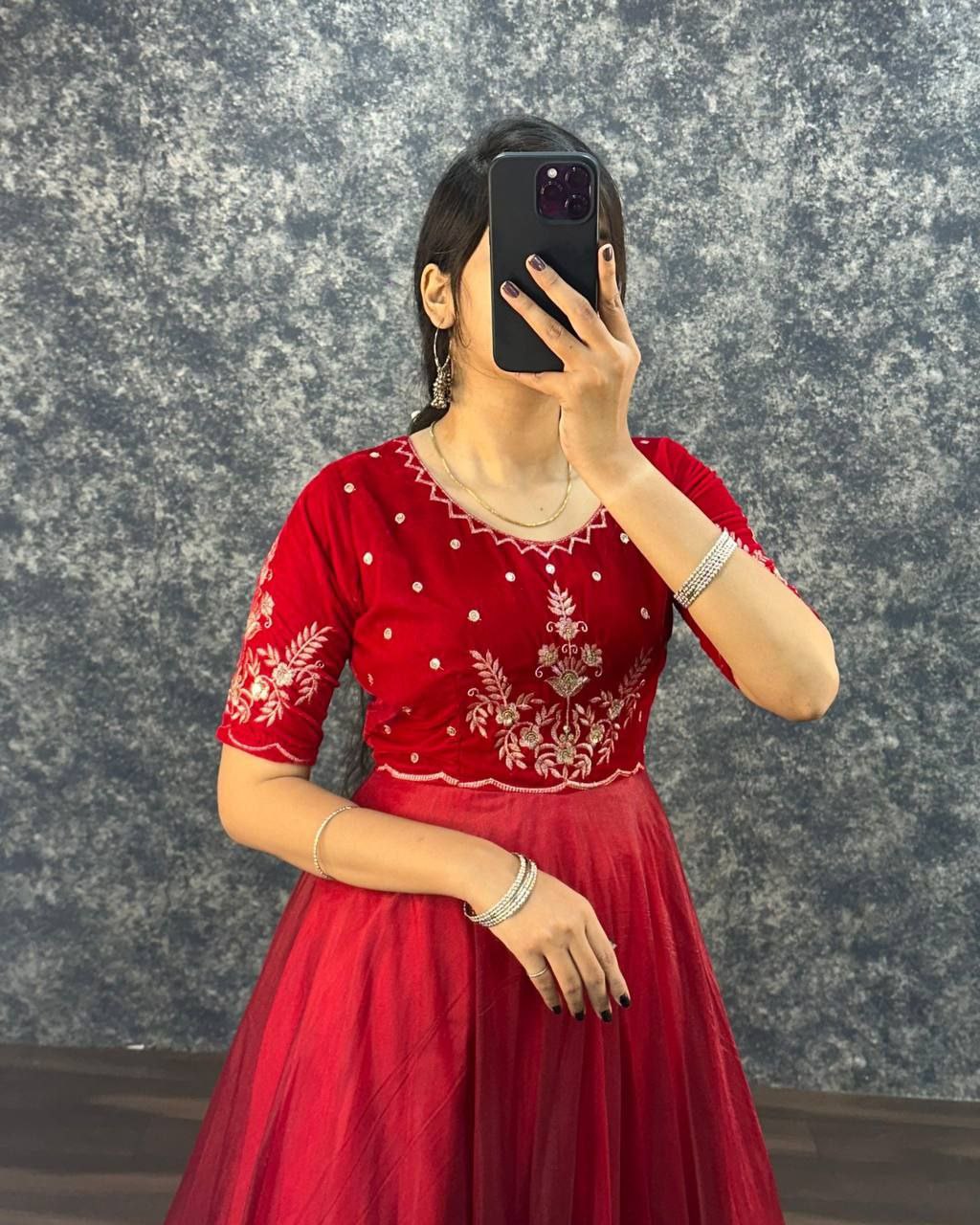 Velvet Embroidered Gown with Dupatta | Party Wear