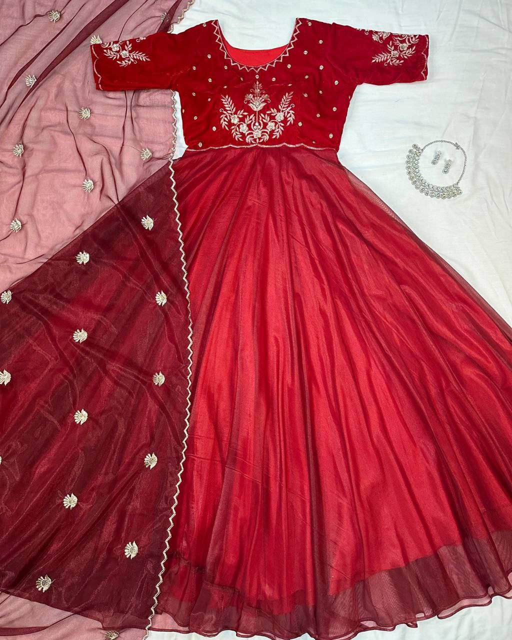 Velvet Embroidered Gown with Dupatta | Party Wear
