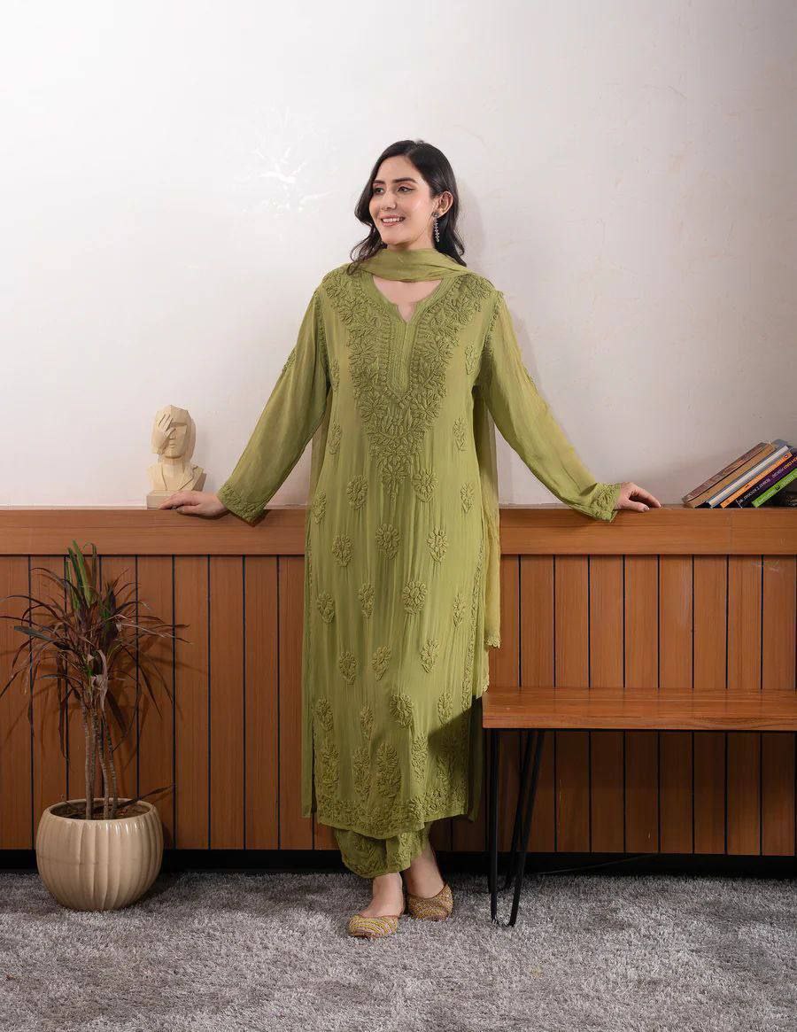 Designer Georgette Embroidery Suit with Plazzo and Dupatta