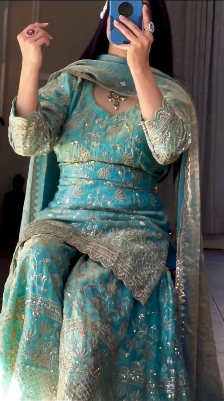 Designer Fandy Crushi Silk Sharara Suit with Sequins & Dupatta