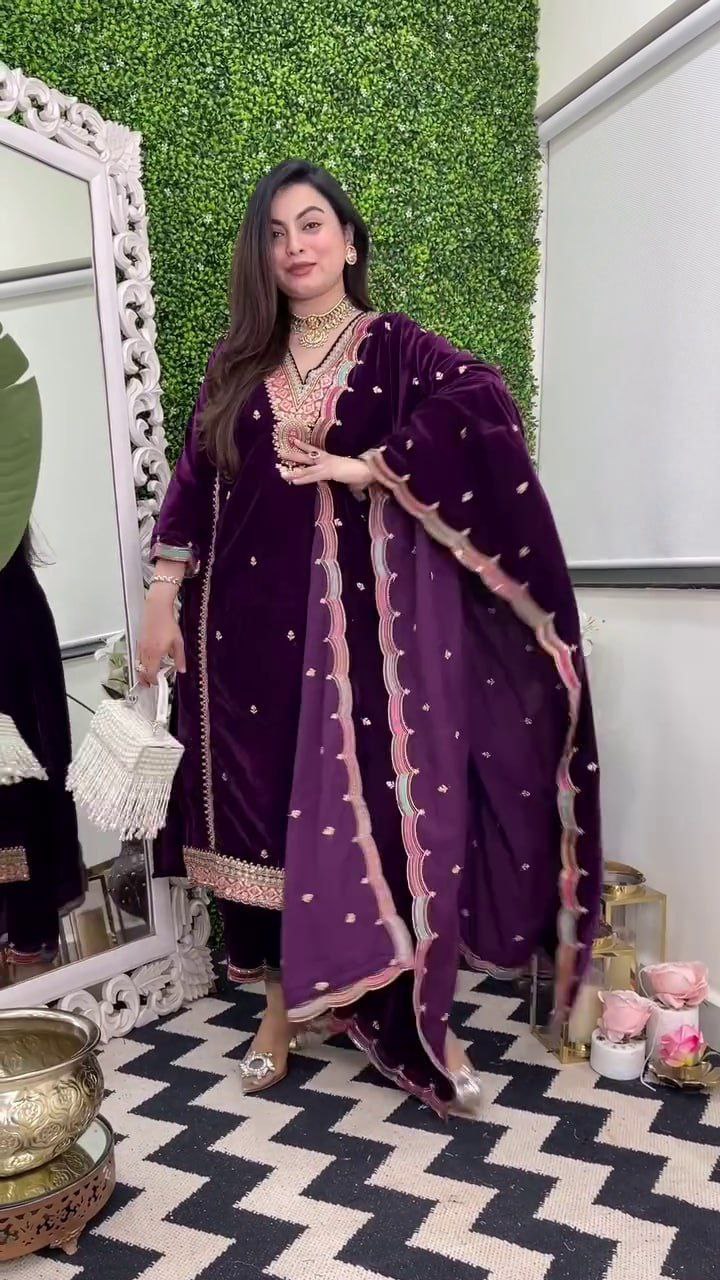 Pure Velvet Top Pant Dupatta Set – Heavy Embroidery Work