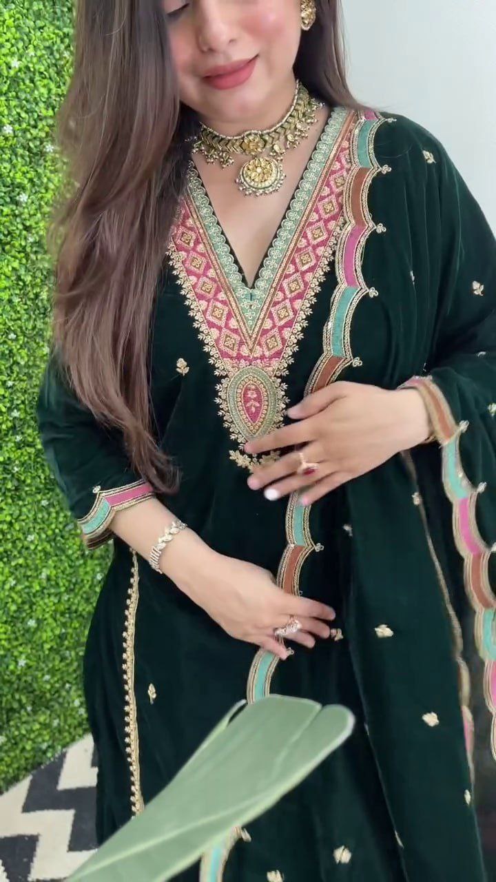 Pure Velvet Top Pant Dupatta Set – Heavy Embroidery Work