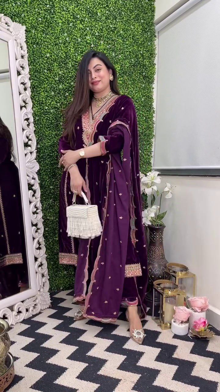 Pure Velvet Top Pant Dupatta Set – Heavy Embroidery Work