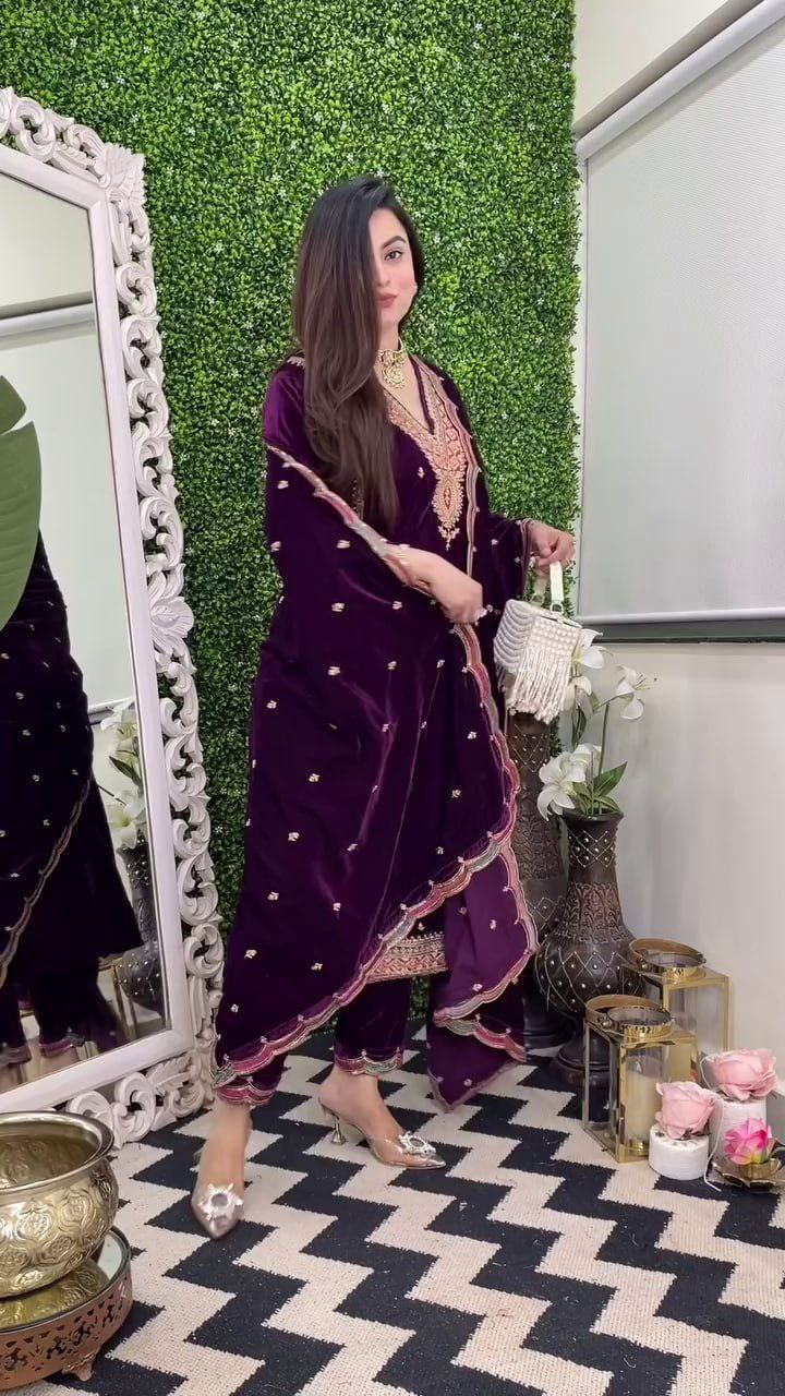 Pure Velvet Top Pant Dupatta Set – Heavy Embroidery Work