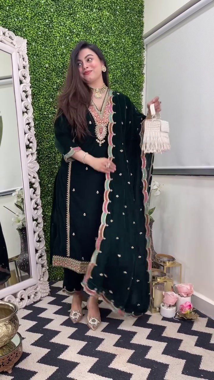Pure Velvet Top Pant Dupatta Set – Heavy Embroidery Work