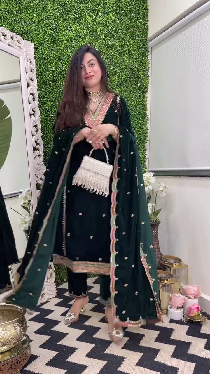 Pure Velvet Top Pant Dupatta Set – Heavy Embroidery Work