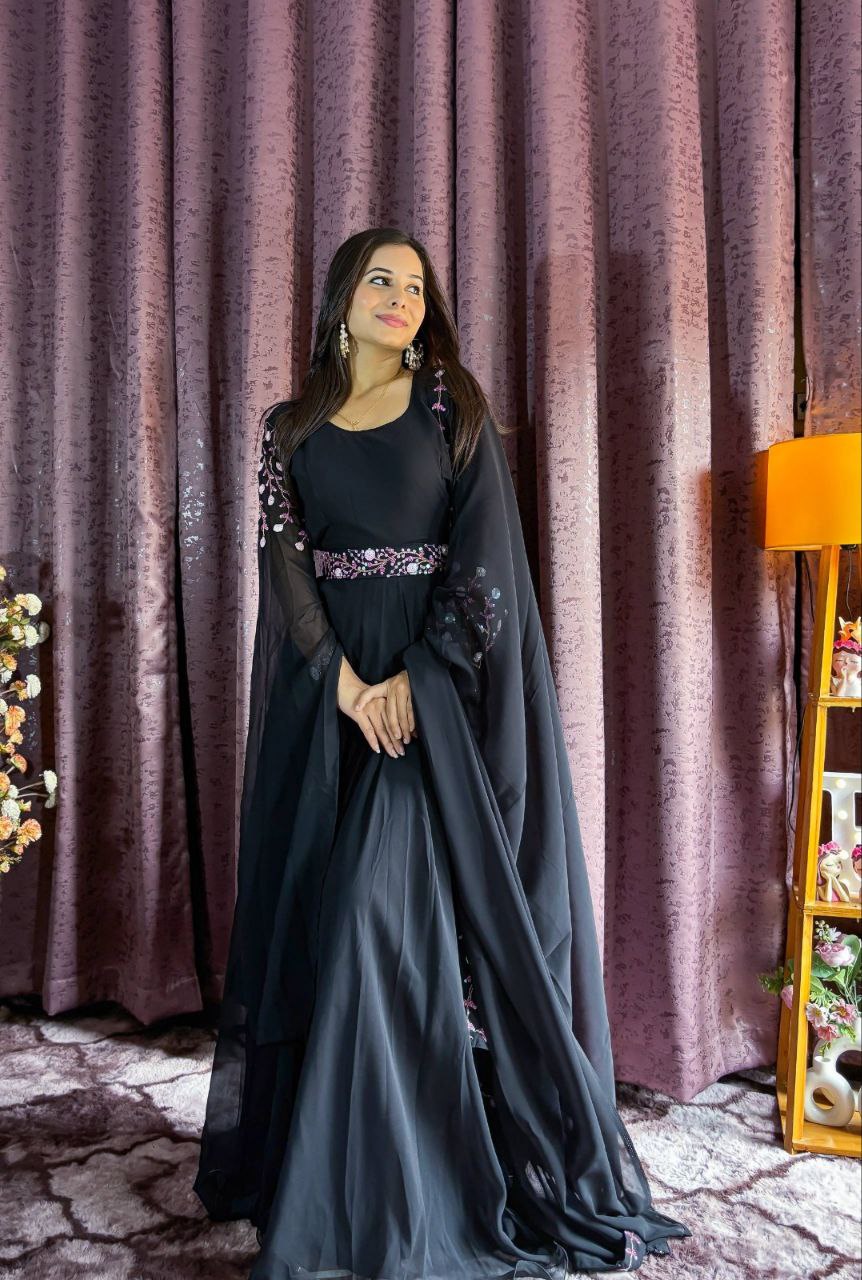 Georgette Gown with Dupatta – Sequins & Dori Work Set