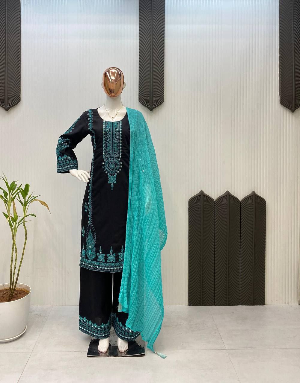 Roman Silk Plazzo Set with Dupatta – Embroidery Mirror Work