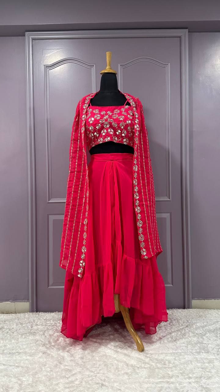 Georgette Skirt Koti Blouse Set – Zari & Sequin Work