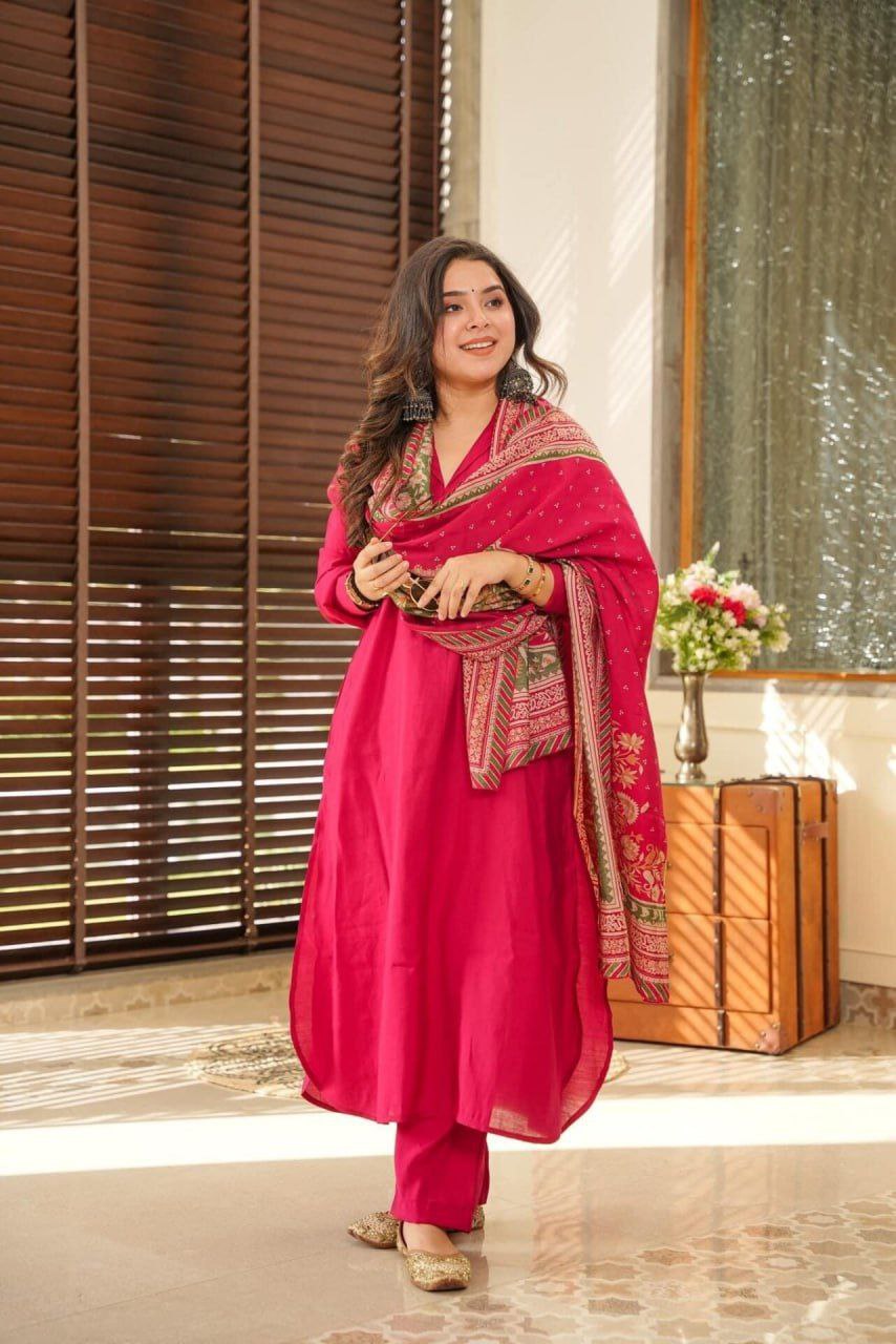 Elegant South Cotton Kurti Set with Chanderi Silk Dupatta