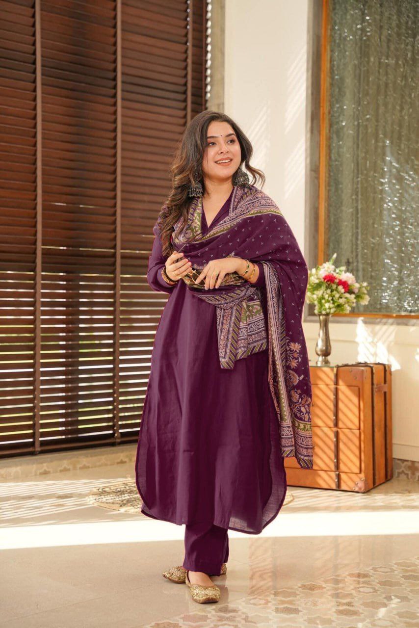 Elegant South Cotton Kurti Set with Chanderi Silk Dupatta