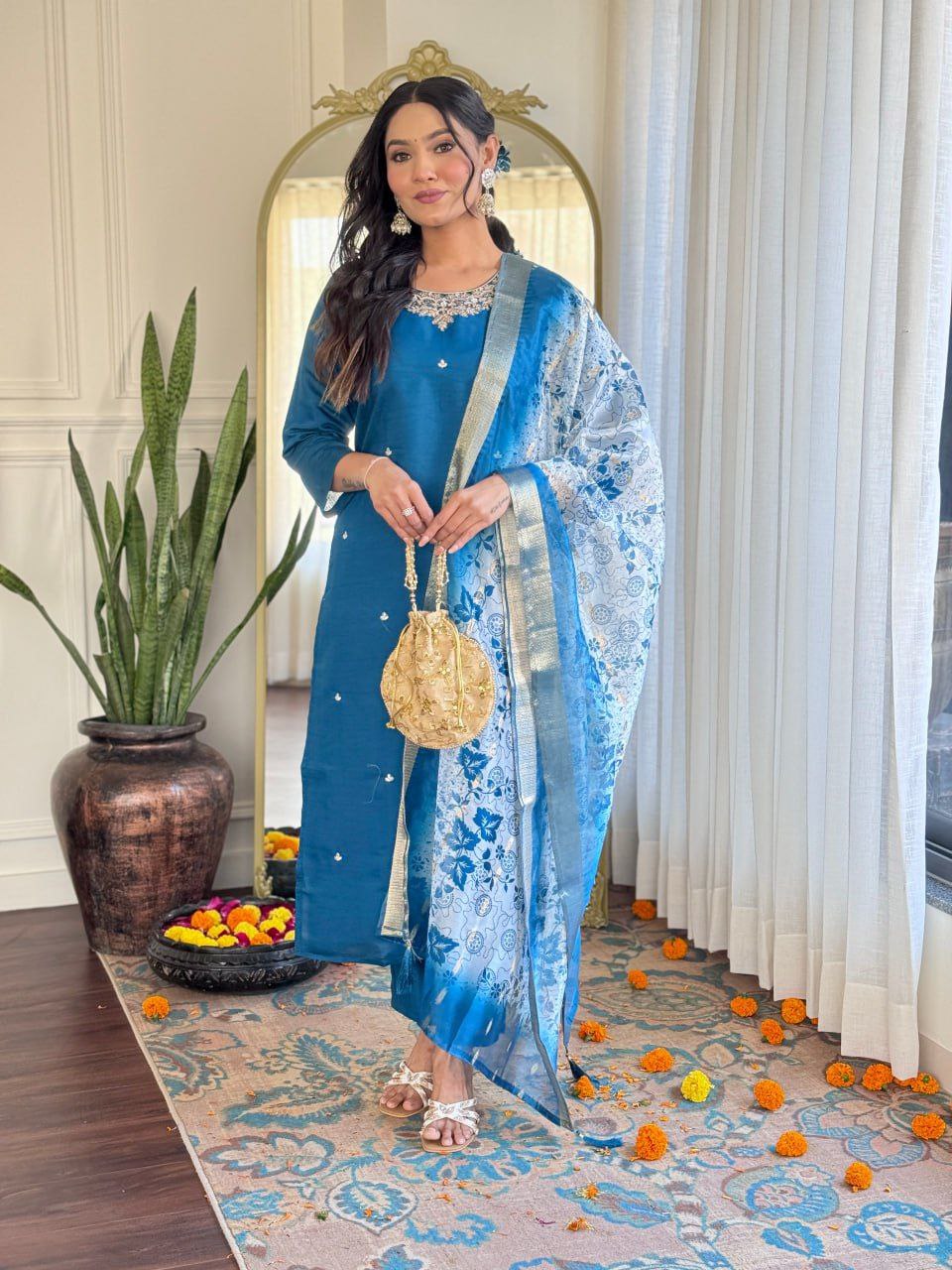 Elegant Roman Silk Embroidered Suit Set with Organza Jacquard Dupatta