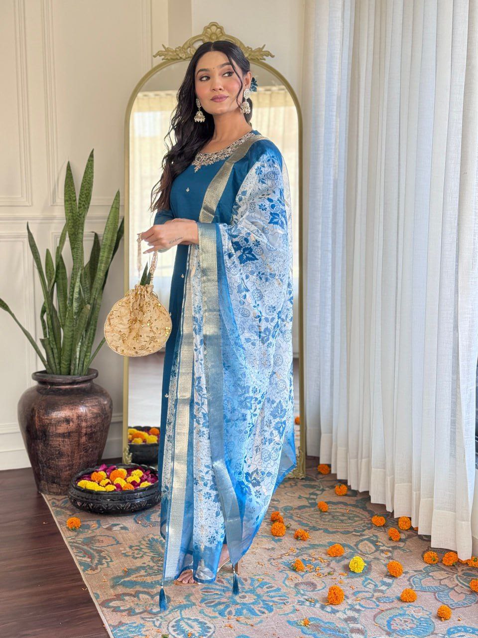 Elegant Roman Silk Embroidered Suit Set with Organza Jacquard Dupatta