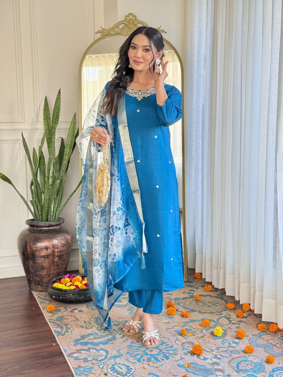 Elegant Roman Silk Embroidered Suit Set with Organza Jacquard Dupatta