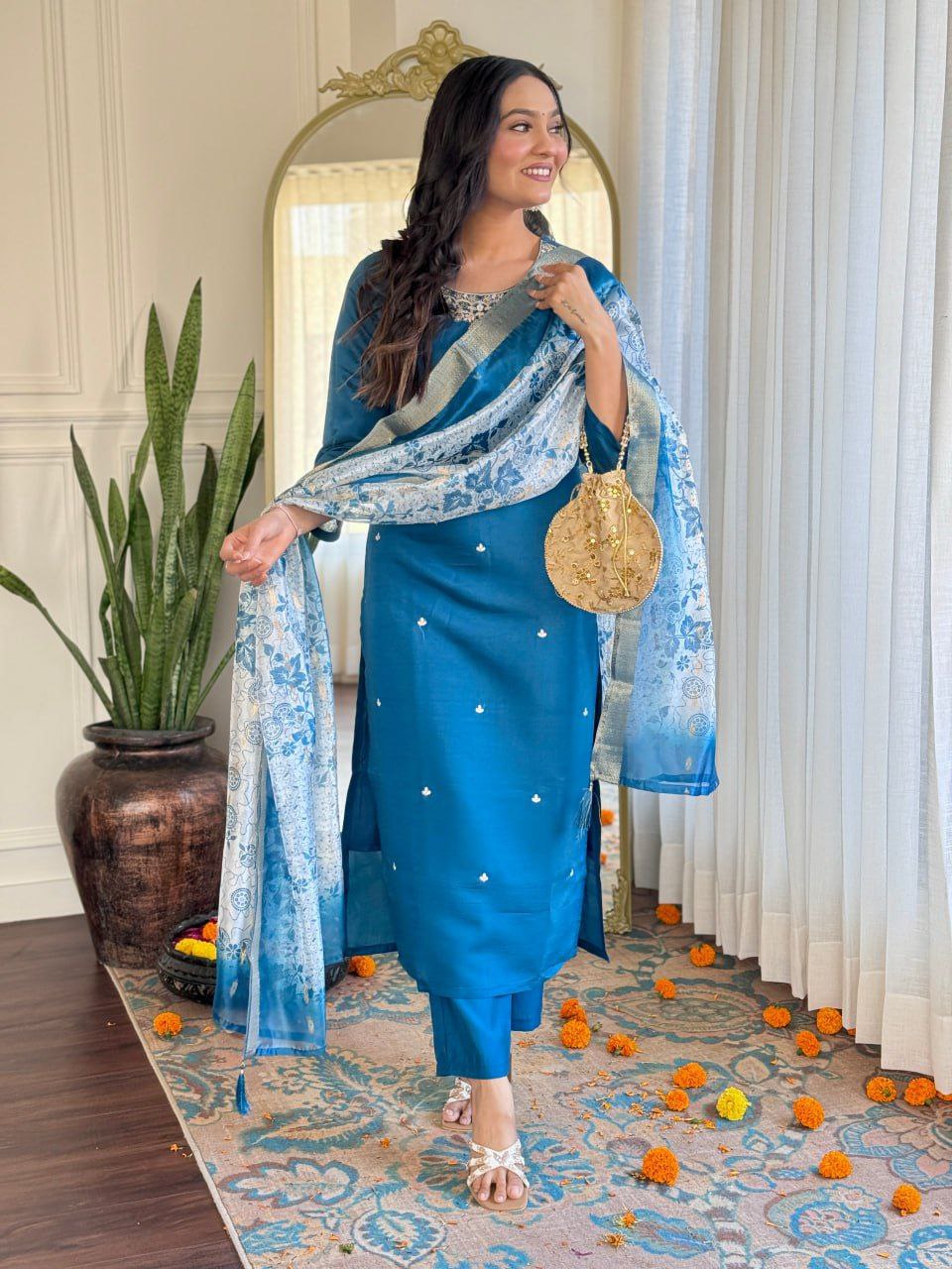 Elegant Roman Silk Embroidered Suit Set with Organza Jacquard Dupatta