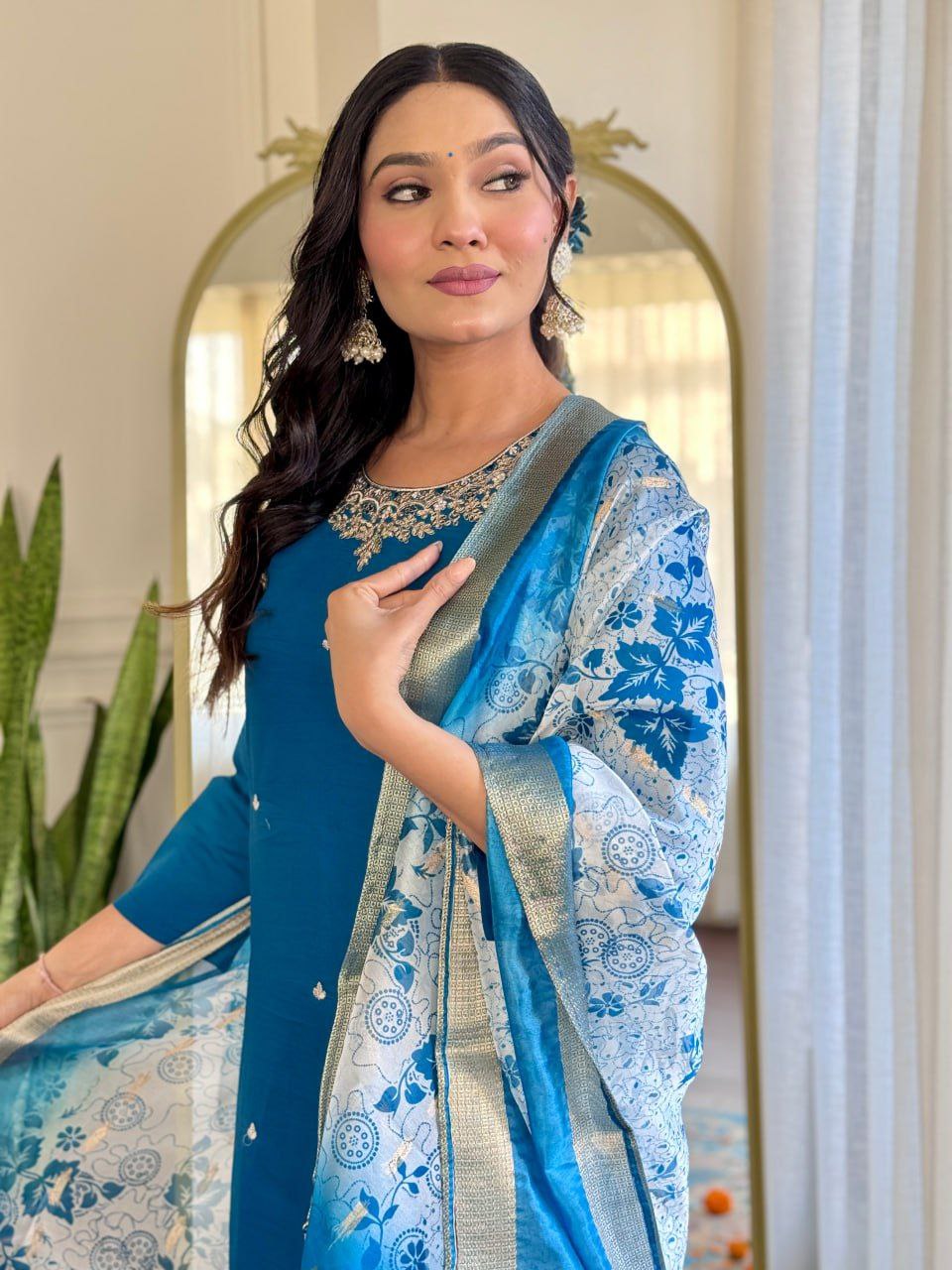 Elegant Roman Silk Embroidered Suit Set with Organza Jacquard Dupatta