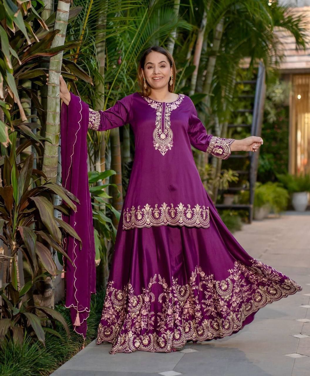 Designer Heavy Embroidered Top-Sharara Set with Dupatta