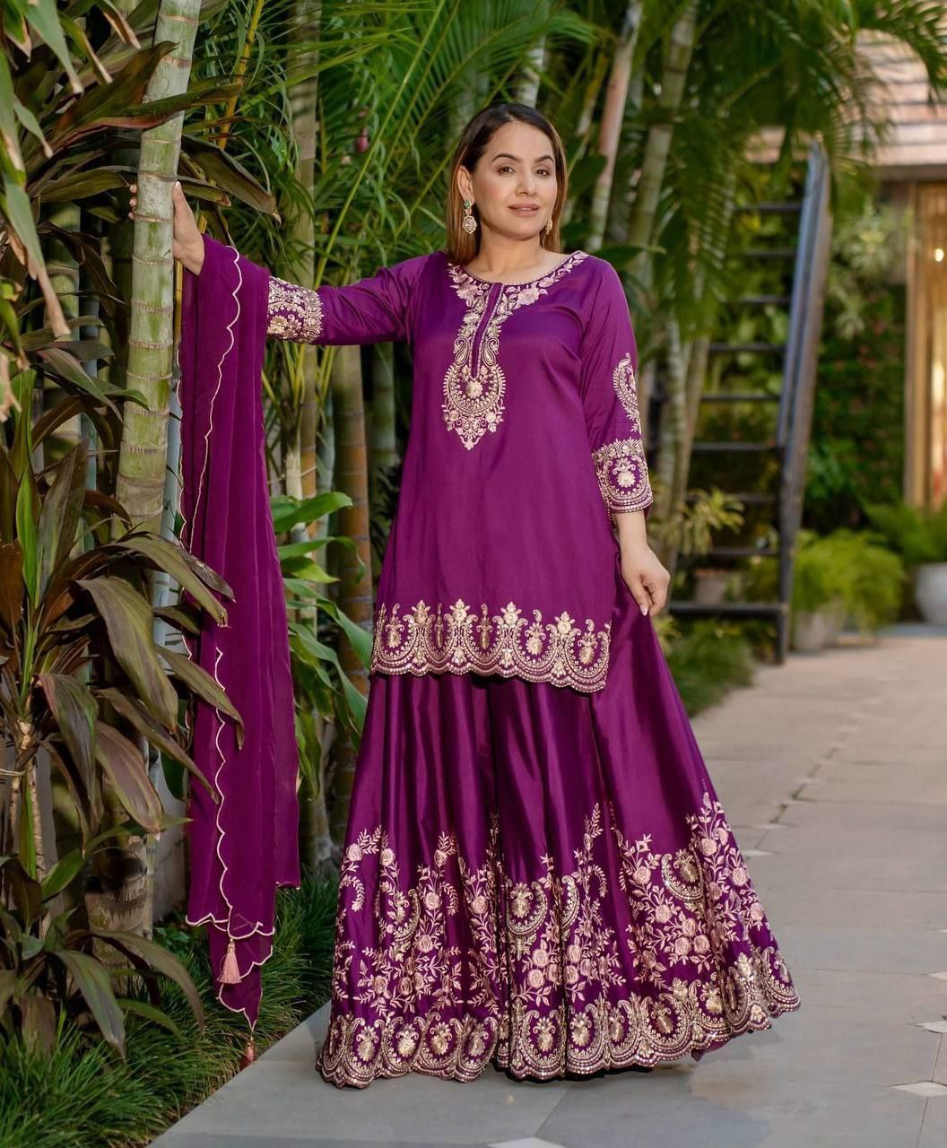 Designer Heavy Embroidered Top-Sharara Set with Dupatta