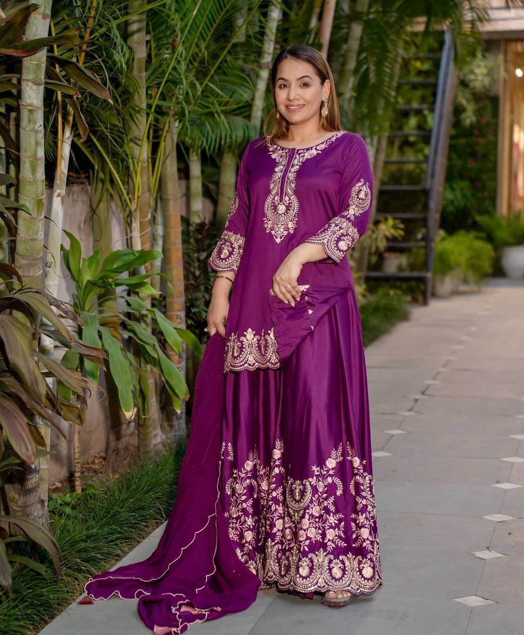 Designer Heavy Embroidered Top-Sharara Set with Dupatta