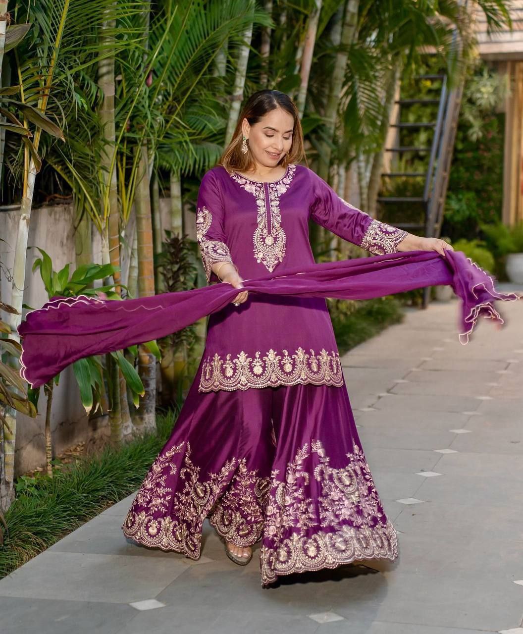 Designer Heavy Embroidered Top-Sharara Set with Dupatta