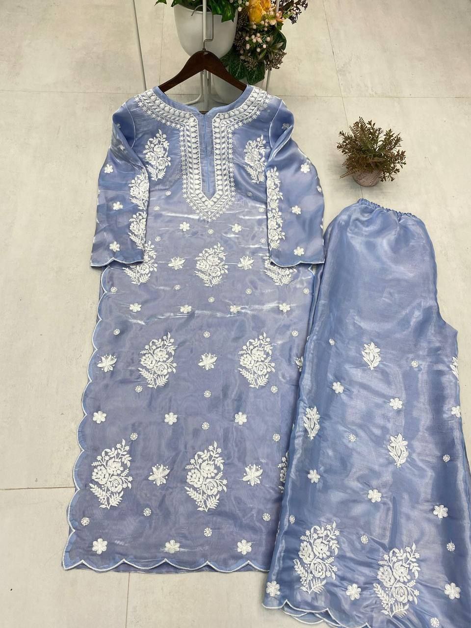 Designer Embroidered Top & Plazzo Set in Premium Jimmy Choo Fabric