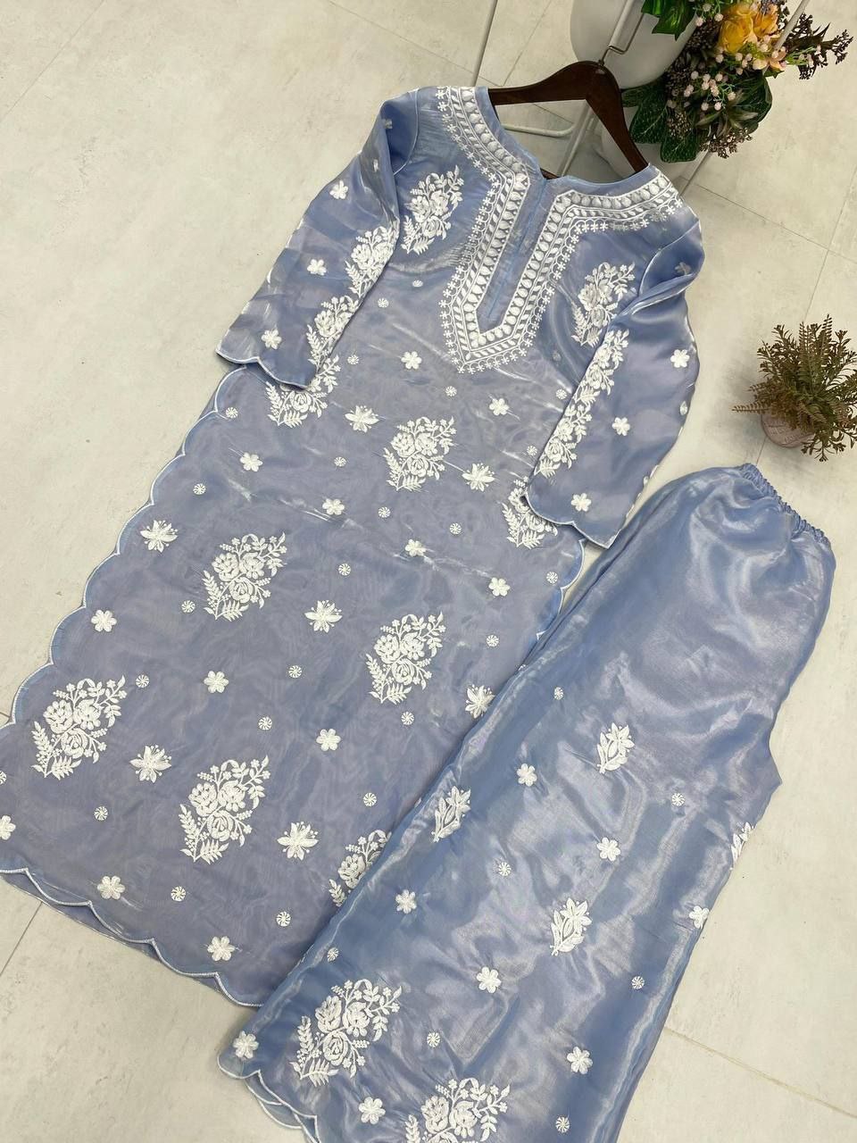 Designer Embroidered Top & Plazzo Set in Premium Jimmy Choo Fabric