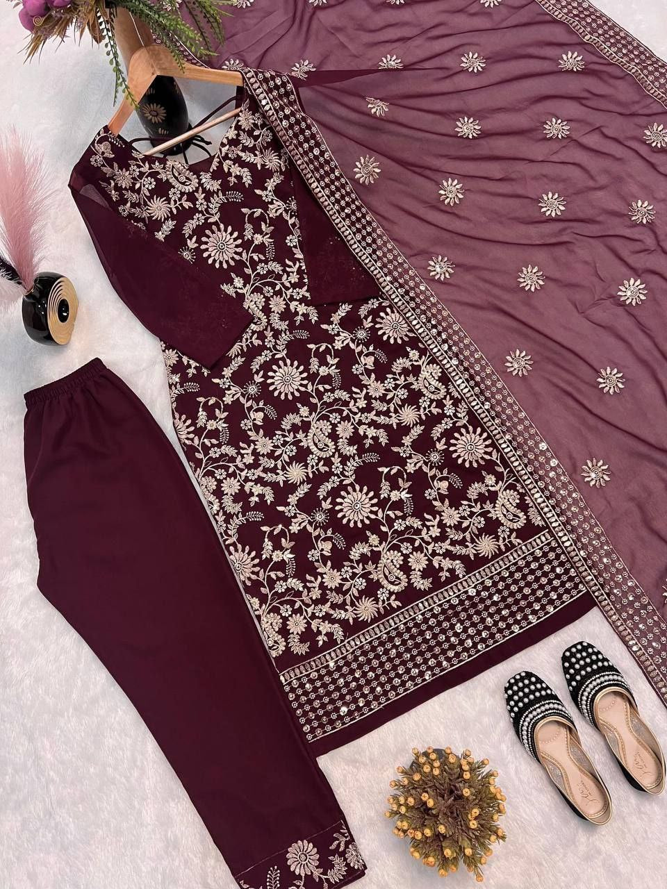 DESIRABLE FANCY FAUX GEORGETTE EMBROIDERED SET WITH DUPATTA